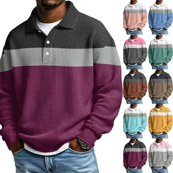 New Striped Waffle Knit Polo Shirt for Men Long Sleeve Textured Color Blocked Relaxed fit Collared Henley Casual Pullover T Shirt Dark Purple L