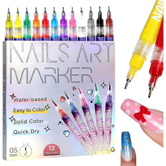 12 Color Acrylic Paint Pen Set, Kalolary Nail Art Polish Pens Nail Point Graffiti Dotting Pen Drawing Painting Liner Brush for DIY Nail Art Beauty Adorn Manicure Tools