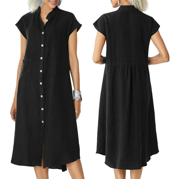 New Style Cardigan Stand Collar Single Breasted Cotton Linen Pocket Large Size Dress Petticoat for Women Black XL