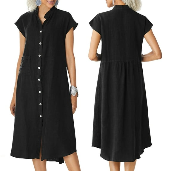 New Style Cardigan Stand Collar Single Breasted Cotton Linen Pocket Large Size Dress Petticoat for Women Black XXL