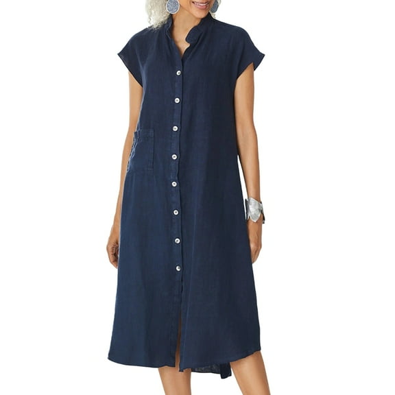 New Style Cardigan Stand Collar Single Breasted Cotton Linen Pocket Large Size Dress Petticoat for Women Navy Blue XL