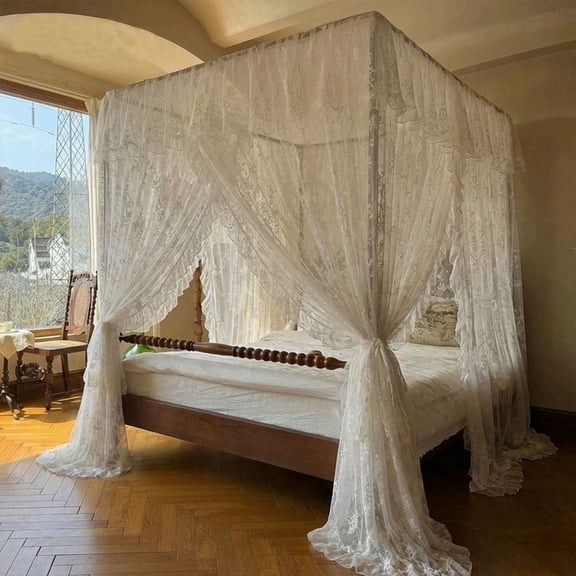 New Style Elegant Lace Princess 4 Corner Post Mosquito Net Romantic for Girls Women Bed Curtain Canopy for Adults Wedding Bedroom Kids Rooms Decoration,White-13,Queen