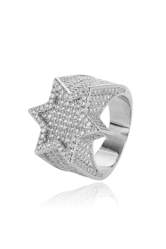 New Style Hip Hop Rapper Rock Jewelry Hexagonal Star Micro Pave 3A CZ Stone Ring For Men's And Women 14K Yellow Gold Rings