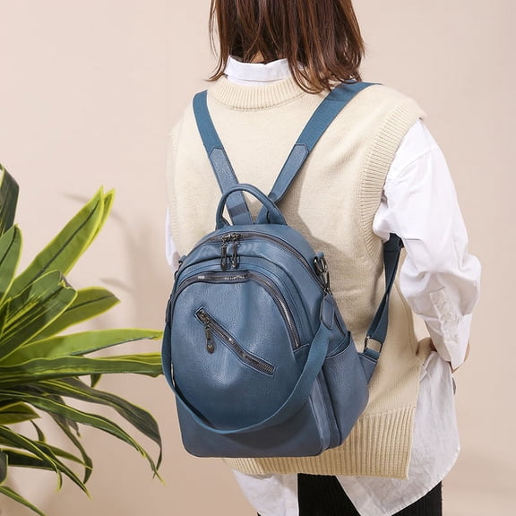 New Style PU Soft Leather Backpack Multi-Purpose Large-Capacity Student School Bag,Blue