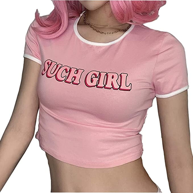 New Style Summer Cute Pink Letter Print Tight Short T-shirt Summer Cotton  Short Sleeve Crop Top For Young Girl