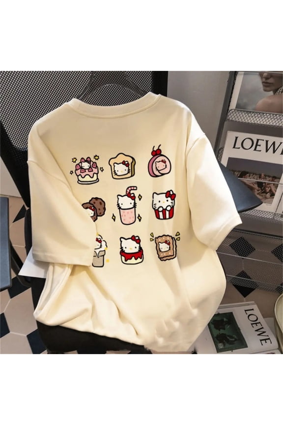 New Style Summer Sanrio Hello Kitty Pure Cotton Cartoon Short Sleeves Kawaii Summer Loose Printing T-Shirts Short Sleeve