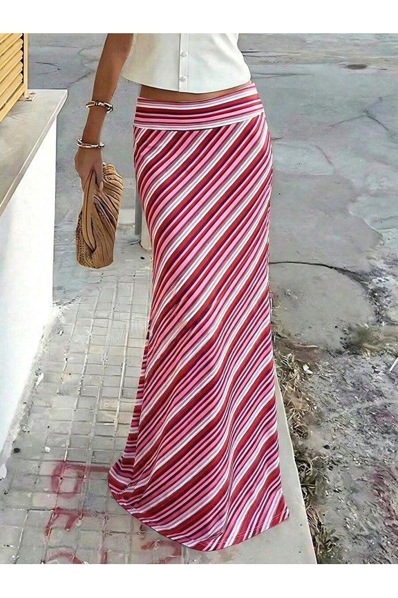 New Stylish Elegant Knitted Fabric Printed Striped Maxi Skirt, Suitable For Beach, Holiday, Daily Wear, Travel Pink Spring