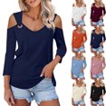 thumbnail image 1 of New Summer 3/4 Sleeve Plus Size Tops for Womens 2024 Fashion Solid Color V-Neck Pullover Strapless Tops Shirts Blouse Gifts for Womens, 1 of 7