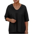thumbnail image 1 of New Summer Arrivals Olyvenn 3/4 Length Sleeve T-Shirt for Women Plus Size Fashion Ruffle Sleeve Pleated Top V Neck Solid T-Shirt Casual Loose Blouse Tops Black M, 1 of 7