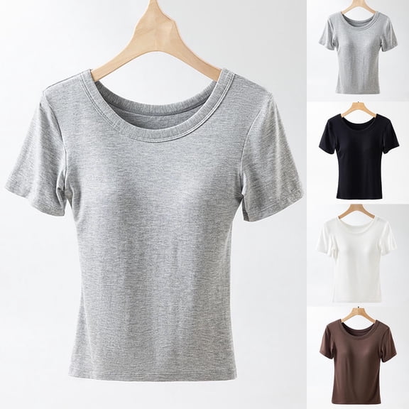 New Summer Arrivals Olyvenn Built in Bra T Shirts for Women Causal Summer Short Sleeve Tops Loose Crewneck Trendy Lightweight Tunic Blouse Black XXXXL