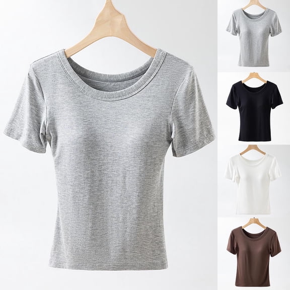 New Summer Arrivals Olyvenn Built in Bra T Shirts for Women Causal Summer Short Sleeve Tops Loose Crewneck Trendy Lightweight Tunic Blouse Black XXXXL