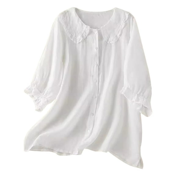 New Summer Arrivals Olyvenn Cotton Doll Collar Half Sleeve Button Down Shirt Women's Casual Ruffle Sleeve Loose Fit Solid Color T Shirt White XXL