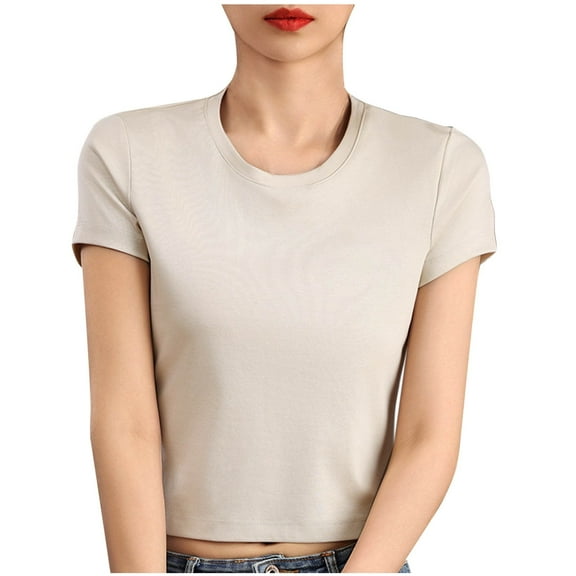 New Summer Arrivals Olyvenn Crop Tops for Women Short Sleeve Crewneck T-Shirts 2025 Summer Rolled Sleeve Crop Tops Casual Basic Tees Beige L