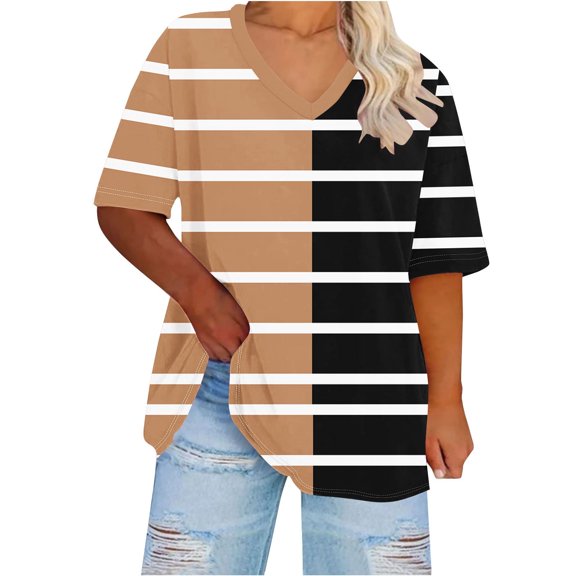 New Summer Arrivals Olyvenn Fashion Striped Shirts for Women Plus Size Summer Tops Casual V Neck Blouses Oversized Shirt Color Block Graphic Tees Khaki XXXXL