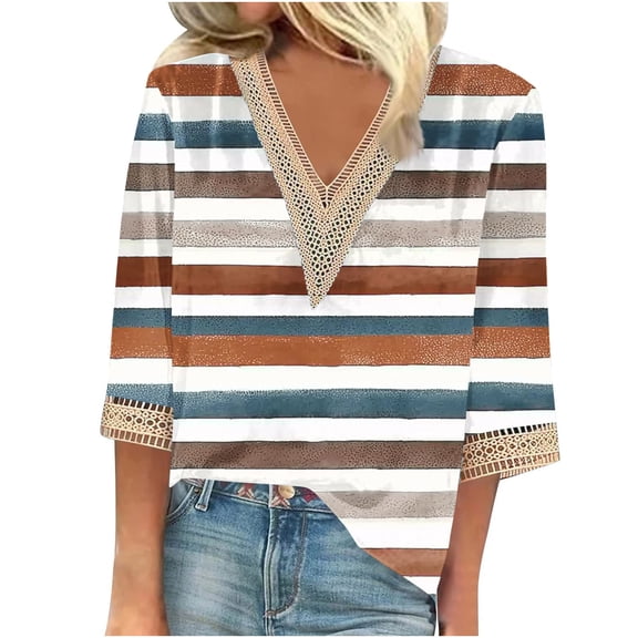 New Summer Arrivals Olyvenn Ladies Lace Trim Dressy Shirt Casual 3/4 Sleeve Fashion Tshirt Stylish V Neck 2025 Trendy Striped Print Tops Brown S