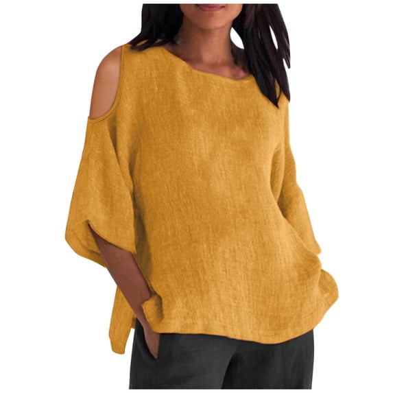 New Summer Arrivals Olyvenn Linen Shirt for Women Cold Shoulder Crew Neck 3/4 Sleeve Tunic Blouses Casual Loose Fall T-Shirt Tops for Ladies Summer Yellow XXXXL