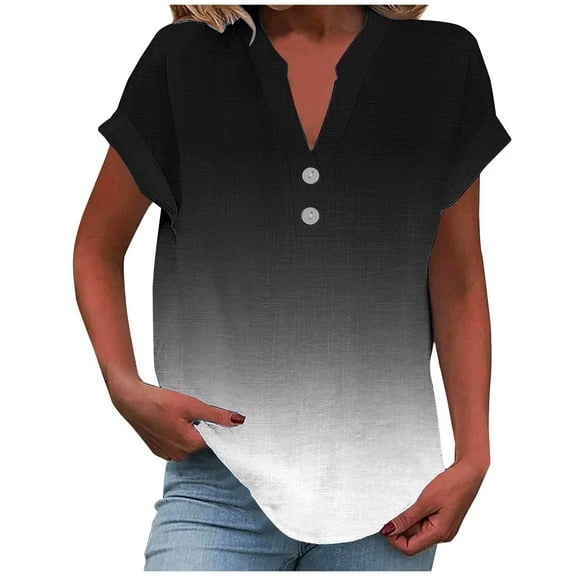 New Summer Arrivals Olyvenn Linen Shirts for Women V Neck Button Down Blouse Short Sleeve Office Work Tops Gradient Vintage Vacation Tees Shirt Blouse Tops Black L