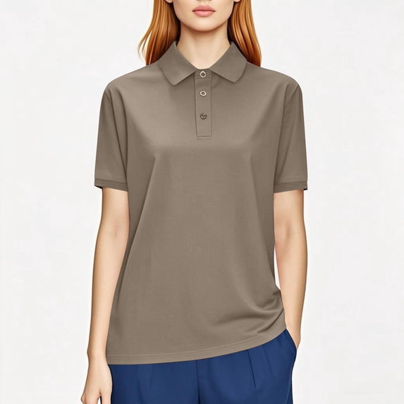 New Summer Arrivals Olyvenn Plus Size Basic Golf Button Collared Shirts Women Summer Mesh Quick Dry Short Sleeve Button Up Collared T-Shirt Lightweight Casual Tops Khaki XXL