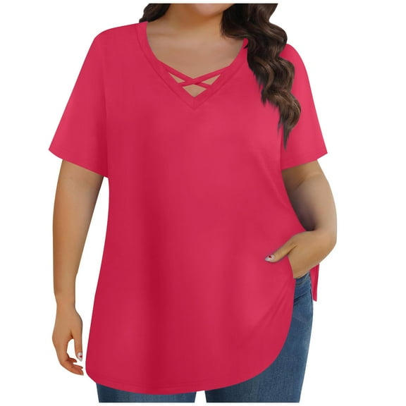 Hot days, bold styles Olyvenn Plus Size Tops for Women Summer Trendy Criss Cross Shirts Oversized Solid Casual Loose Fit Tunic Tops Hot Pink XXXXXL