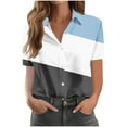 thumbnail image 1 of New Summer Arrivals Olyvenn Short Sleeve Shirts for Women V Neck Loose Collared Button Down Shirt Color Block Casual Summer Tops with Pockets Beach Blouse Sky Blue S, 1 of 3