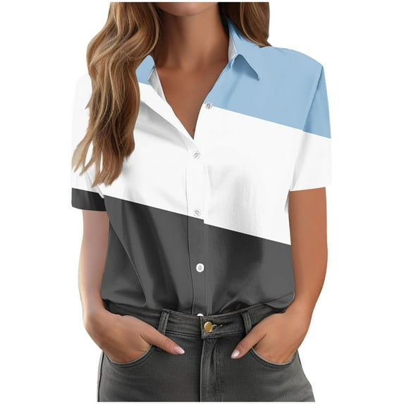 New Summer Arrivals Olyvenn Short Sleeve Shirts for Women V Neck Loose Collared Button Down Shirt Color Block Casual Summer Tops with Pockets Beach Blouse Sky Blue S