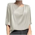thumbnail image 1 of New Summer Arrivals Olyvenn Summer Tops for Women Satin Shirts Boat Neck Short Sleeve Blouses Lightweight Simple Daily Tshirts Loose Basic Tees Beige XL, 1 of 3