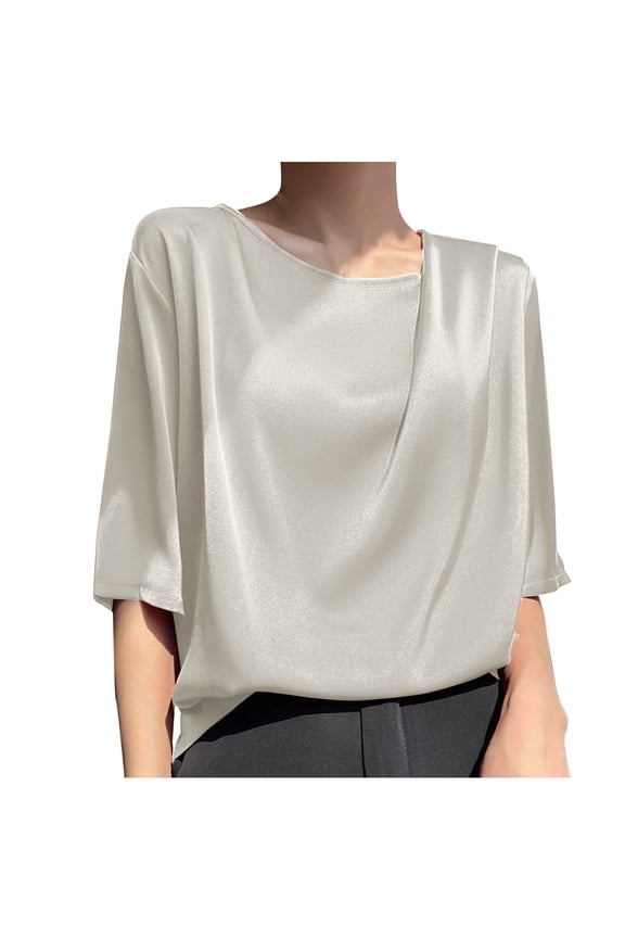 New Summer Arrivals Olyvenn Summer Tops for Women Satin Shirts Boat Neck Short Sleeve Blouses Lightweight Simple Daily Tshirts Loose Basic Tees Beige XL
