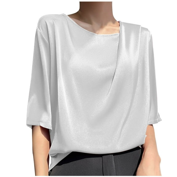 New Summer Arrivals Olyvenn Summer Tops for Women Satin Shirts Boat Neck Short Sleeve Blouses Lightweight Simple Daily Tshirts Loose Basic Tees White XL
