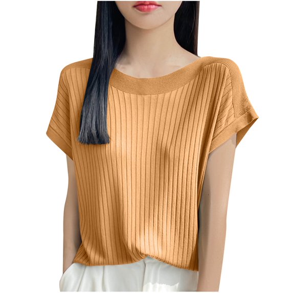 New Summer Arrivals Olyvenn Summer Tops for Women 2025 Dressy Casual Knitted Blouse Lightweight Loose Crew Neck Short Sleeve Comfy Tee Shirts Gold M