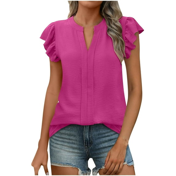 New Summer Arrivals Olyvenn Women Dressy Casual Blouse Ruffle Short Sleeve V Neck Textured Shirts 2025 Summer Business Work Tops Hot Pink XXL