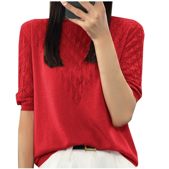 New Summer Arrivals Olyvenn Women Hollow Ice Silk Knitted Short Sleeved T-Shirt Women's Loose Crew Neck Knitted Sweater Female Jumper Top Red XL
