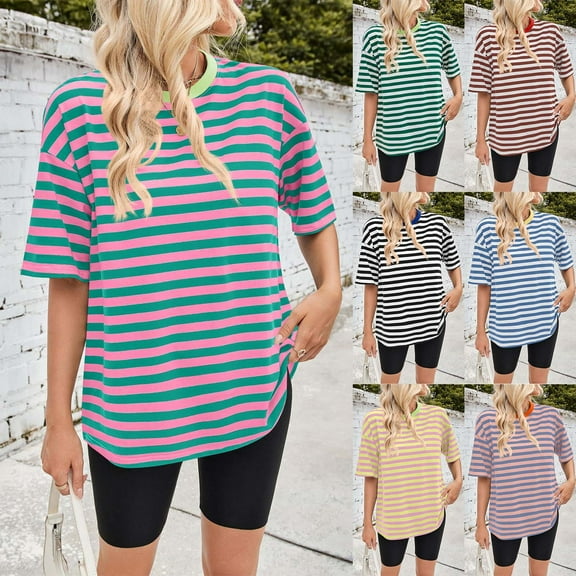 New Summer Arrivals Olyvenn Women Oversized Striped Color Block Short Sleeve Crew Neck T-Shirts Casual Loose Pullover Tops Summer Tee Shirt Black S