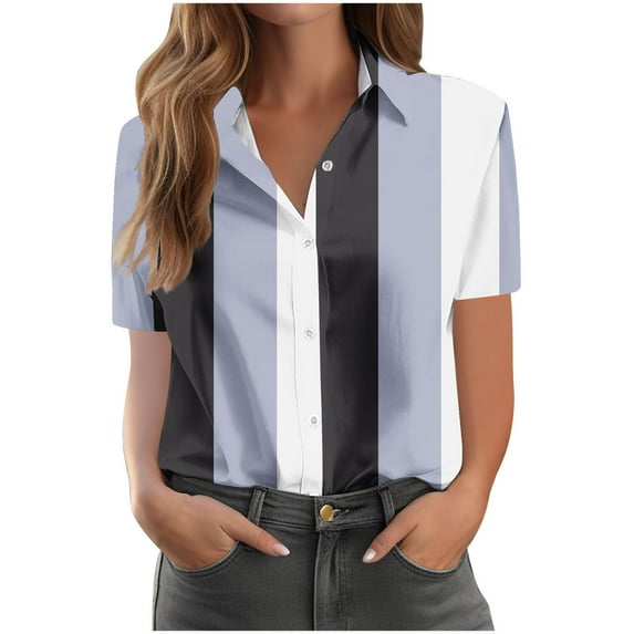 New Summer Arrivals Olyvenn Women Striped Button Down Shirts Blouse Boho Tops Blouses Dressy Causal Short Sleeve Tunic Hawaiian Ladies Clothes Navy XL