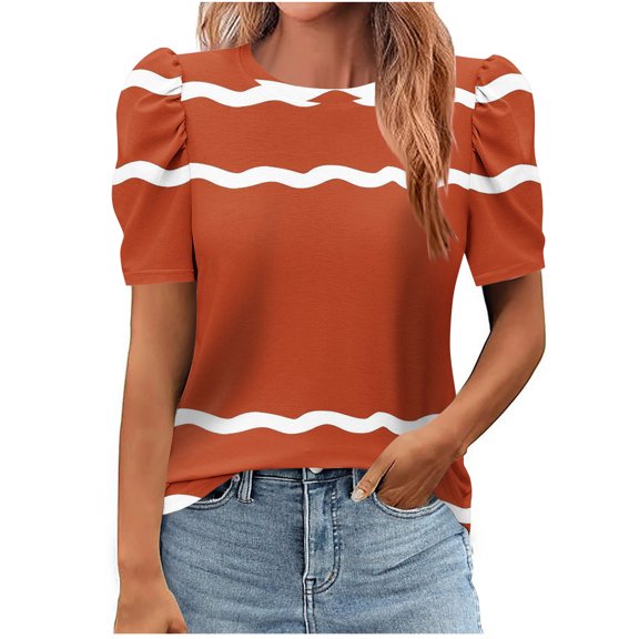 New Summer Arrivals Olyvenn Women's 2025 Summer Short Puff Sleeve Knit Tops Trendy Crewneck Striped Shirts Dressy Casual Blouses Brown M
