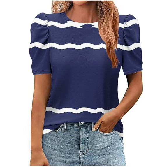 New Summer Arrivals Olyvenn Women's 2025 Summer Short Puff Sleeve Knit Tops Trendy Crewneck Striped Shirts Dressy Casual Blouses Navy M