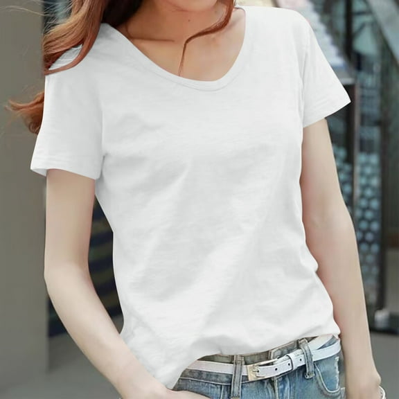 New Summer Arrivals Olyvenn Women's 2025 Summer Slub Cotton T-Shirt Breathable Scoop Neck Tee Fashion Solid Loose Fit Casual Basic Top White XXXL