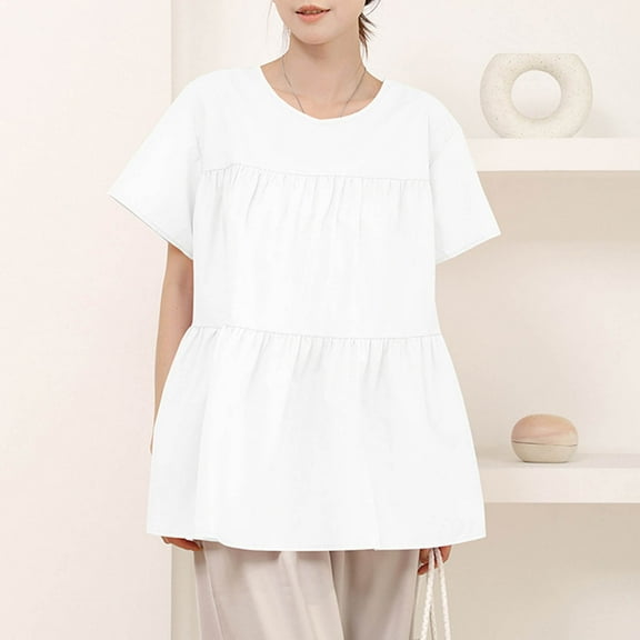 New Summer Arrivals Olyvenn Women's Casual Ruffled Blouse Shirts Short Sleeve Peplun Babydoll Tops Crewneck Loose Tops Blouses Tunics White L