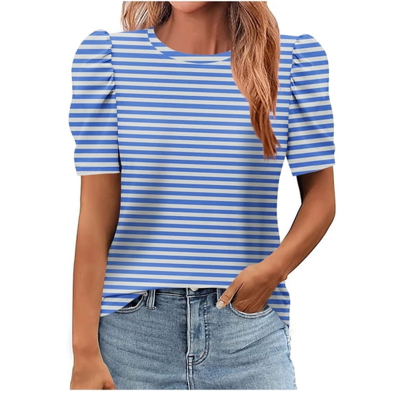 New Summer Arrivals Olyvenn Women's Casual Short Puff Sleeve Crew Neck Striped T Shirts Fashion Summer Tops 2025 Trendy Tunic Blouse Blue M