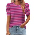 thumbnail image 1 of New Summer Arrivals Olyvenn Women's Casual Short Puff Sleeve Crew Neck Striped T Shirts Fashion Summer Tops 2025 Trendy Tunic Blouse Hot Pink M, 1 of 5
