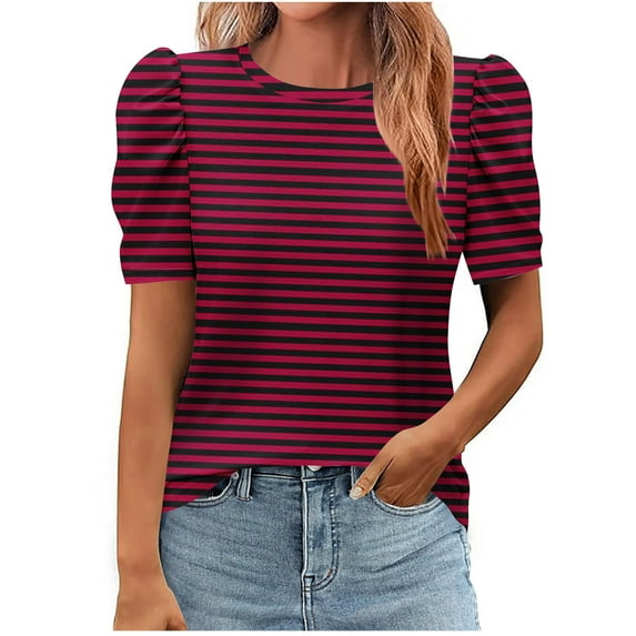New Summer Arrivals Olyvenn Women's Casual Short Puff Sleeve Crew Neck Striped T Shirts Fashion Summer Tops 2025 Trendy Tunic Blouse Wine M