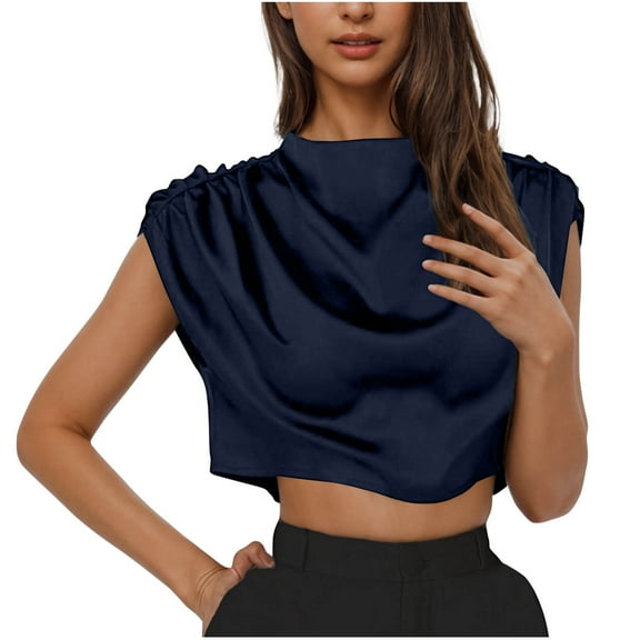 New Summer Arrivals Olyvenn Women's Crop Tops Satin Ruched Blouses Mock Neck Summer Fashion Cap Sleeve Loose Elegant Shirts Work Office Tops Blue S