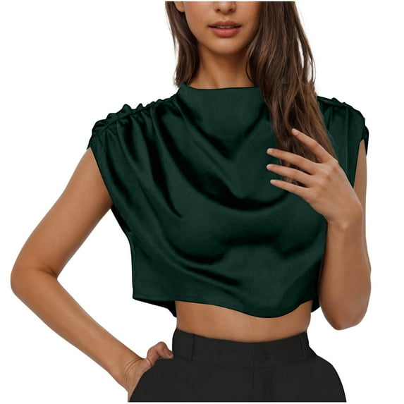 New Summer Arrivals Olyvenn Women's Crop Tops Satin Ruched Blouses Mock Neck Summer Fashion Cap Sleeve Loose Elegant Shirts Work Office Tops Green M