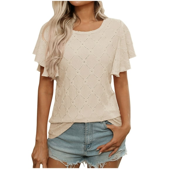 New Summer Arrivals Olyvenn Women's Eyelet Knit Top, Ruffle Short Sleeve T-Shirt, Summer Fashion Crew Neck, Causal Summer Basic Tee Tops Beige L