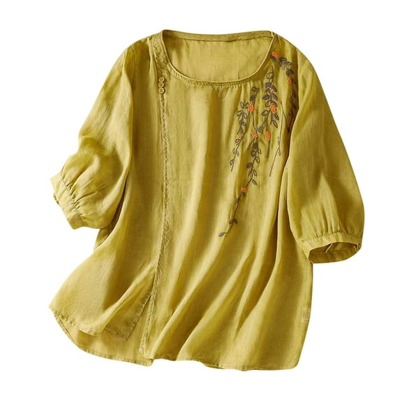 New Summer Arrivals Olyvenn Women's Peasant Tops Summer Mexican Embroidered Shirts Loose Cotton Linen Short Sleeve Blouses Trendy Tees Yellow M