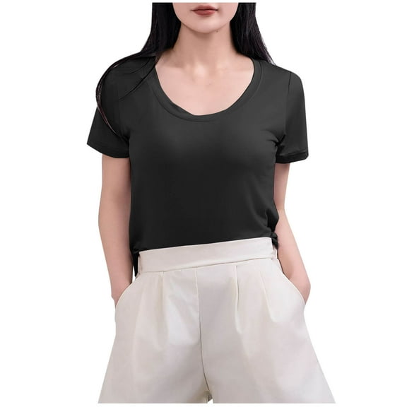 New Summer Arrivals Olyvenn Women's Short Sleeve Cotton Scoop Neck Tee Summer Casual Solid T-Shirt Comfyable Breathable Modal Tops Black L