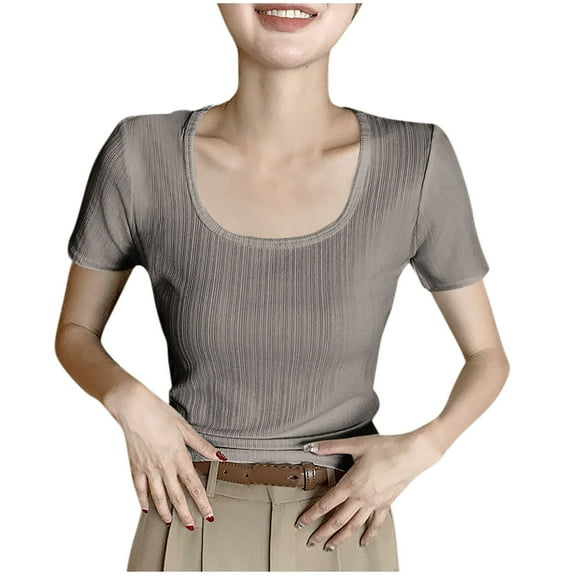 New Summer Arrivals Olyvenn Women's Short Sleeve Scoop Neck T-Shirt Slim Fit Ribbed Knit Casual Tops 2025 Summer Basic Fitted Blouse Army Green XL