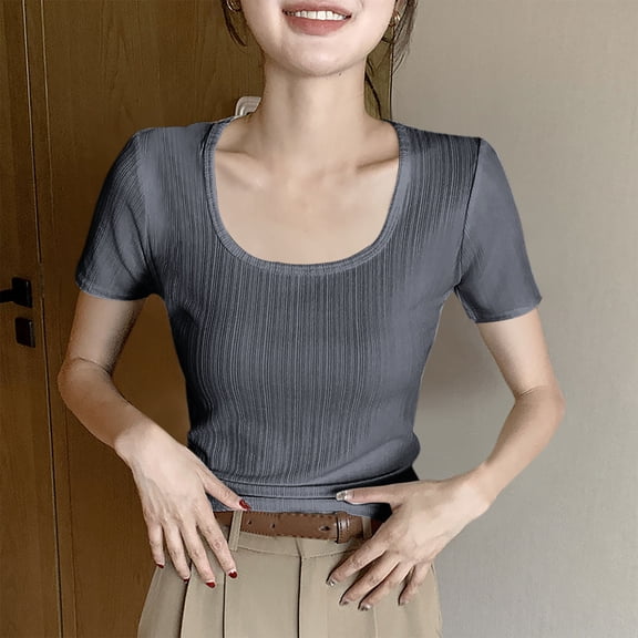 New Summer Arrivals Olyvenn Women's Short Sleeve Scoop Neck T-Shirt Slim Fit Ribbed Knit Casual Tops 2025 Summer Basic Fitted Blouse Dark Gray L