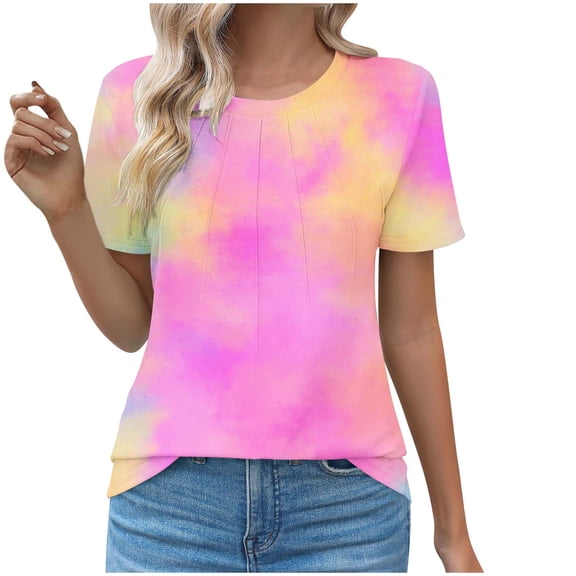 New Summer Arrivals Olyvenn Women's Spring Summer Casual Pleated T Shirts Loose Trendy Tie-Dye Print Tops Short Sleeve Crewneck Pullover Shirt Pink XL