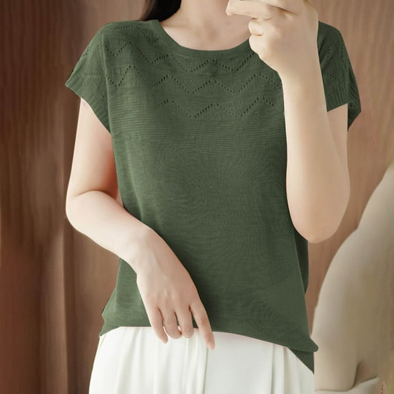 New Summer Arrivals Olyvenn Women's T-Shirt Eyelet Knitwear Casual Solid Color Ladies' Tops Loose Round Neck Blouse Pullover Hollow Tees Green XL