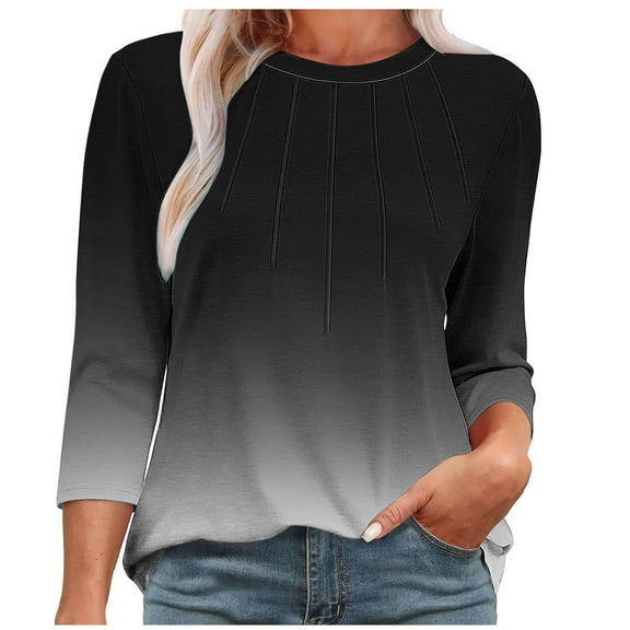 New Summer Arrivals Olyvenn Womens 3/4 Length Sleeve Tops Cute Gradient Printed Graphic Tees Casual Plus Size Summer Shirts Loose Dressy Blouse Black S